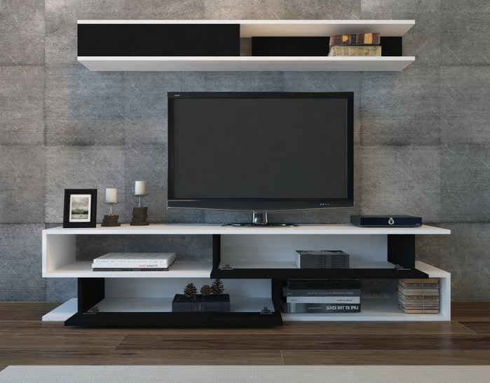 Hanah Home Mueble de TV Blanco y Negro con Estantería de Pared Hanah Home Mueble de TV Blanco y Negro con Estantería de Pared
